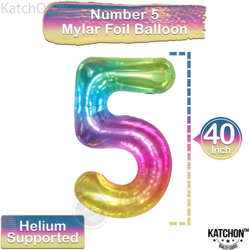 KatchOn Giant Rainbow 5 Balloon Number, 40 Inch, Number 5 Balloons for 5th Birthday Tie Dye Decorations