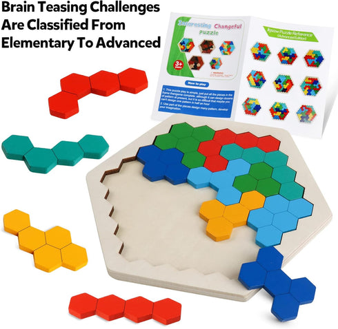 Skrtuan Wooden Blocks Puzzle for Kid Adults Brain Teaser Hexagon Puzzles Games Toy Shape Pattern Block Tangram Geometry