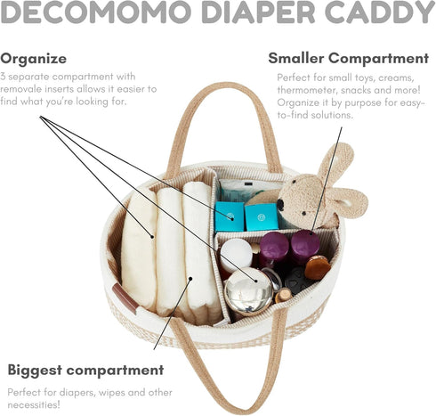 DECOMOMO Diaper Caddy - Baby Diaper Basket Organizer for Changing Table, Girl Boy Gift (Spiral Beige & White)