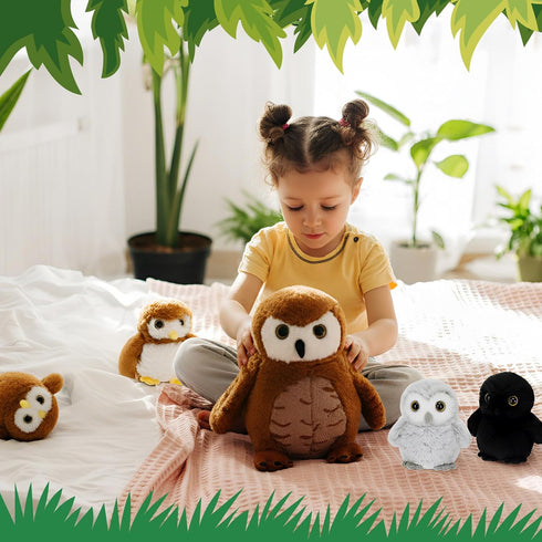 Hollowfly 5 Set 13.4" Mommy 4 Set Pcs Owls Plush Toy Gift Barn Owls with Cute Babies Stuffed Animal in Zippered Back