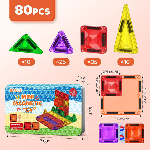 80PCS Set 4-8 3+ Mini Magnetic Tiles, Diamond Pattern Travel Magnetic Tiles Building with Case, Construction Toys