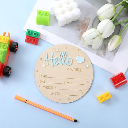 Tweruna 5.9 Inch 3D Wooden Welcome Baby Sign, Hello World Newborn Sign with Heart, Stars Decoration, Round Welcome Baby