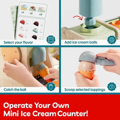 Set Counter 3+ TOP BRIGHT Wooden Ice Cream Pretend Play Toys, Play Kitchen for Kids with Ice Cream & Scoop & Menu