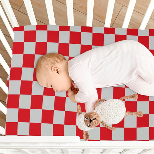 Pigsaly 27x39 Inch Crib Sheets Red Gray Checkered Baby Sheet for Standard Crib Mattress Boys Girls Toddler Bed Sheets