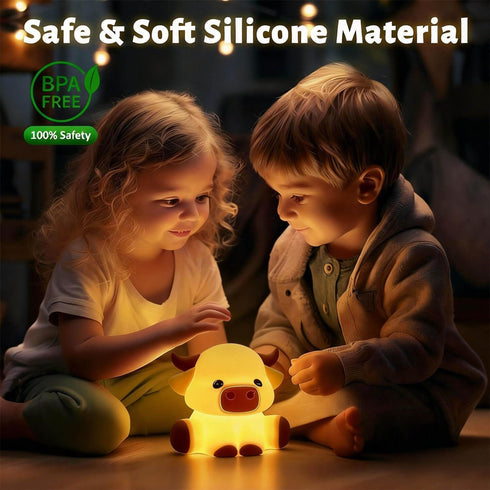 Lustrinex 3-Level Dimmable Cattle Night Light for Kids, Squishy Silicone Touch Control Cute Nightlight with Timer
