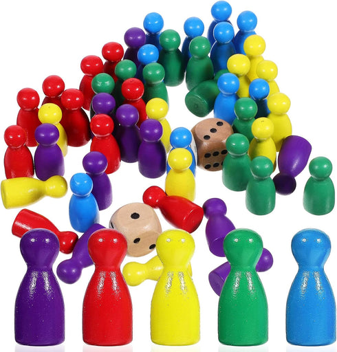 STOBOK 50 Pcs Multicolor Wooden Pawns Board Game Pieces with 2 Dice - Tabletop Markers for Board Games