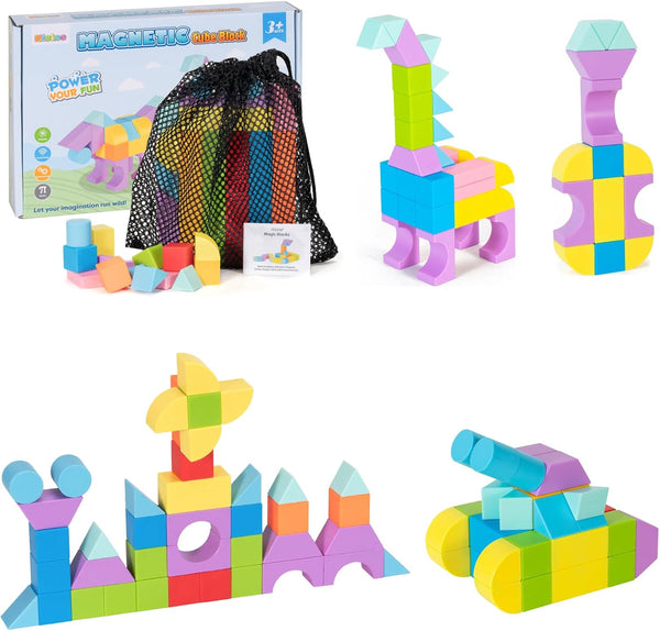 Hisine Multiple Shapes Magnetic Blocks, 46PCS 1 inch Magnetic Building Blocks for Kids