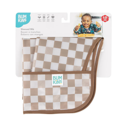 Bumkins Sleeved Bib for Baby and Toddler, Essential Long Sleeve Mess Saving Food Catcher, 6-24 Mos, Sand Check