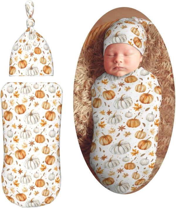 Pumpkins and Anise Stars Newborn Swaddle Blankets Hat Sets Soft Baby Receiving