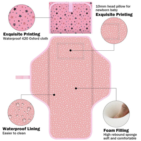 Baby Portable Diaper Changing Pad, Foldable Travel Diapering Changing Mat with Built-in Pillow, Waterproof Compact Changing Pad for Newborn Baby Changing Station, Infant Gift(Pink Star)