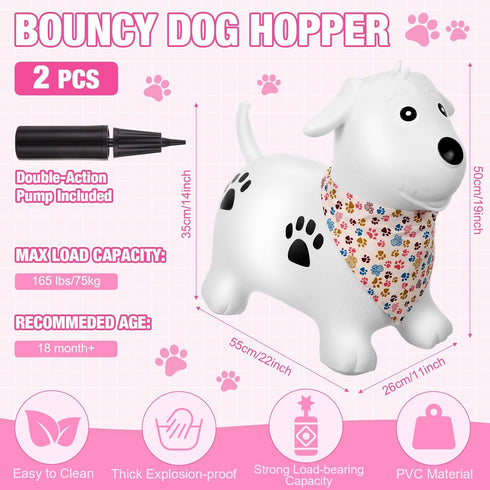 2 Pack Bouncy Dog Hopper - Inflatable Bouncing Dog Jumping Animals with Pump, Classic Style Gift for Boys Girls (White,