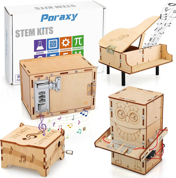 Poraxy 4 Set STEM Kits for Kids Ages 8-10, Music Box, Robot 3D Puzzle Educational Projects, Birthday Gifts for Boys &