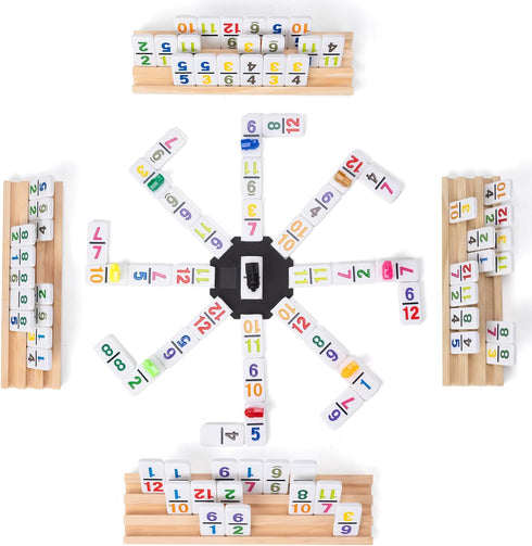 Set 4 12 91 Mexican Train Dominoes with Wooden Trays - Double Dominoes Game with Number Tiles, Portable Carrying Case