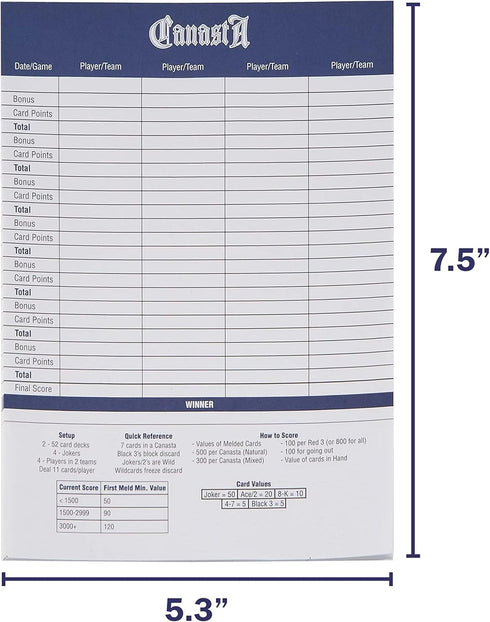 Canasta Scorecards - 75-pack - 7.5" x 5.25" Large Tally Pads for Classic Canasta Family Game