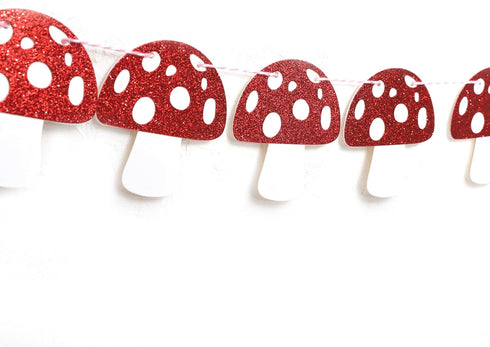 Agkvw Mushroom Garland - Red Glitter Mushroom Banner, Woodland Party Decor, Mushroom Theme Birthday Decorations, Fairy