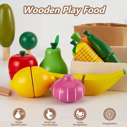 HERSITY Wooden Play Food Set - Cutting Fruits & Veggies Toys for Toddlers 1-3 - Montessori Educational Toys