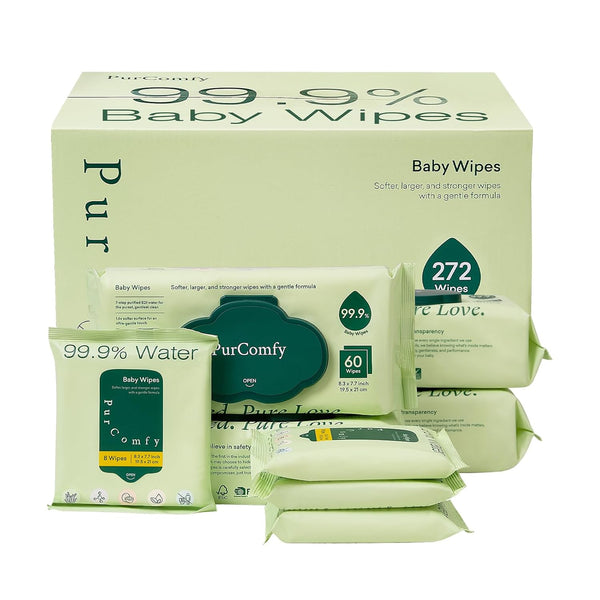 PurComfy Baby Wipes Unscented, 4 Flip-Top Packs + 4 Travel Pack Baby