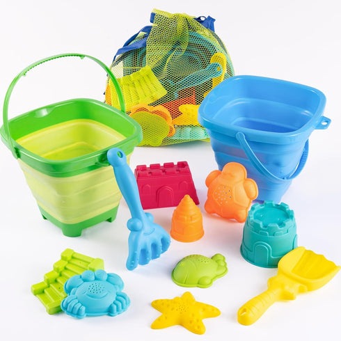 Aimlovs Set 4 Set 3-10(Blue&Green) Collapsible Beach Toys for Kids,Sand Bucket Shovel, Rake, Mesh Bag Molds & Castle