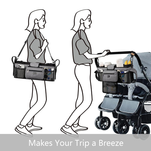 TOPDesign Universal Baby Stroller Organizer, Double Stroller Caddy with Detachable Mesh Bag & Heightened Insulated Cup