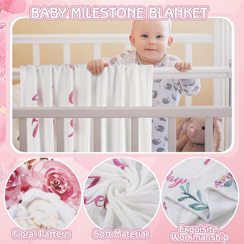 Floral Baby Milestone Blanket for Baby Girls Flannel Newborn Infant Swaddle Baby Growth Blanket Photography Background
