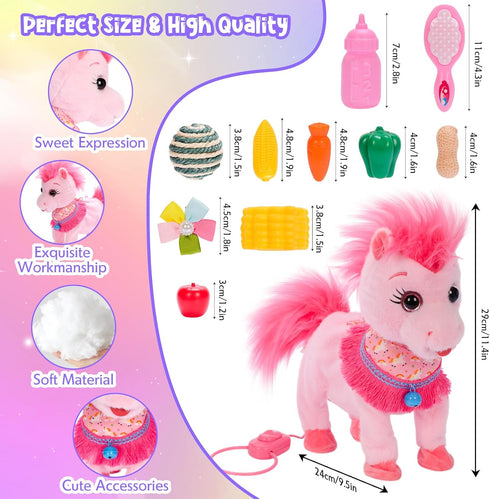Ylpaprm Set 3+ Pink Walking Pony Interactive Talking Singing Dancing Horse Walk Along with Remote Control Leash Plush