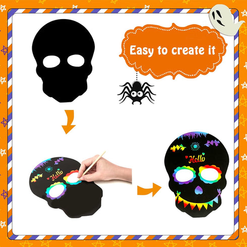 MGparty Halloween Crafts, 24PCS Rainbow Scratch Mask Magic Scratch Paper Art for Kids Birthday Classroom Decoration