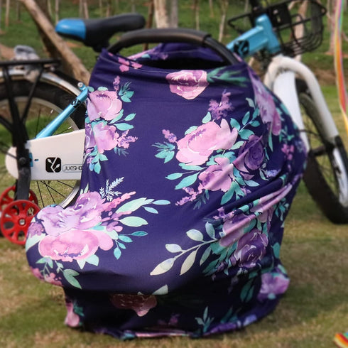 Carseat Cover Girls - Multiuse Nursing Breastfeeding Covers, Purple Flower Theme, Stretchy Soft Breathable Canopy