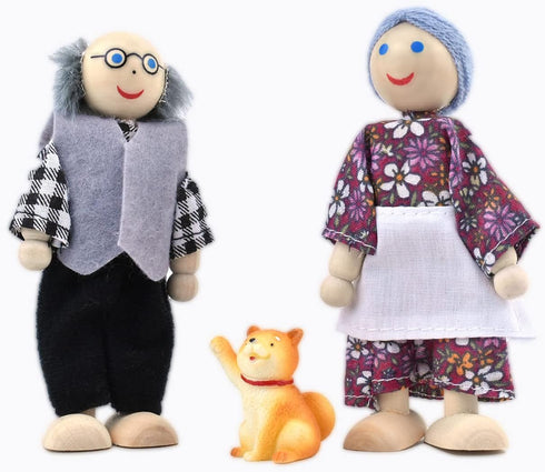 Wooden Dollhouse People, 2-4 inches Doll House Dolls Family with 2 Pets (Dog and Cat)