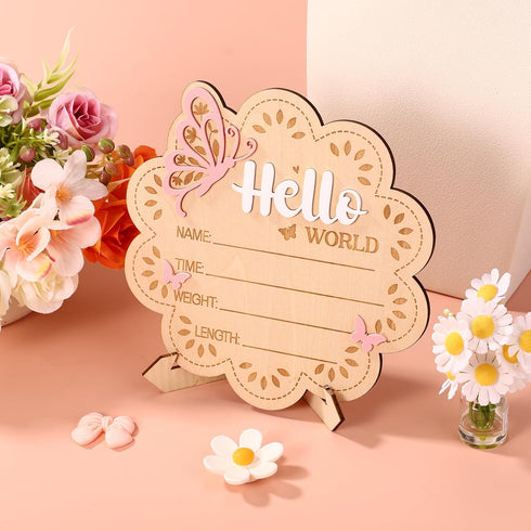 Penitue Wooden New Baby Birth Announcement Plaque, Flower Shape Hello World Sign Newborn Arrival Board Welcome Plaque
