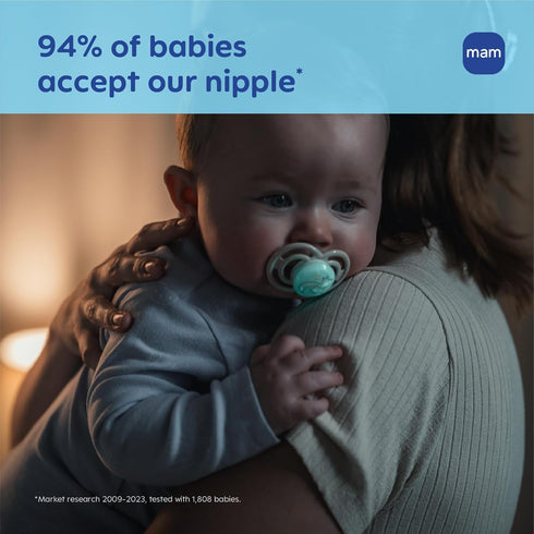 16+ Pack 2, MAM Perfect Baby Pacifier Months, Extra Thin Nipple, Developed with Orthodontists, Clinically Proven, Glows