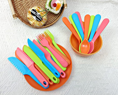 Kids Cutlery Set - Jawbush 9 Pcs Plastic Toddler Utensils Forks and Spoons with Knives for School Lunch Box Camping or Travel, Reusable Kids Silverware Set with Bright Colors, Dishwasher Safe by jawbush