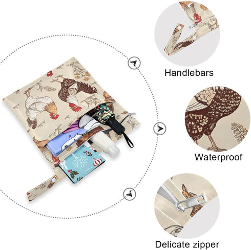 Haskirky 2 Rustic Roosters Pcs Cloth Diaper Wet Dry Bags,Waterproof and Washable Bag for Travel Reusable Wet Bag