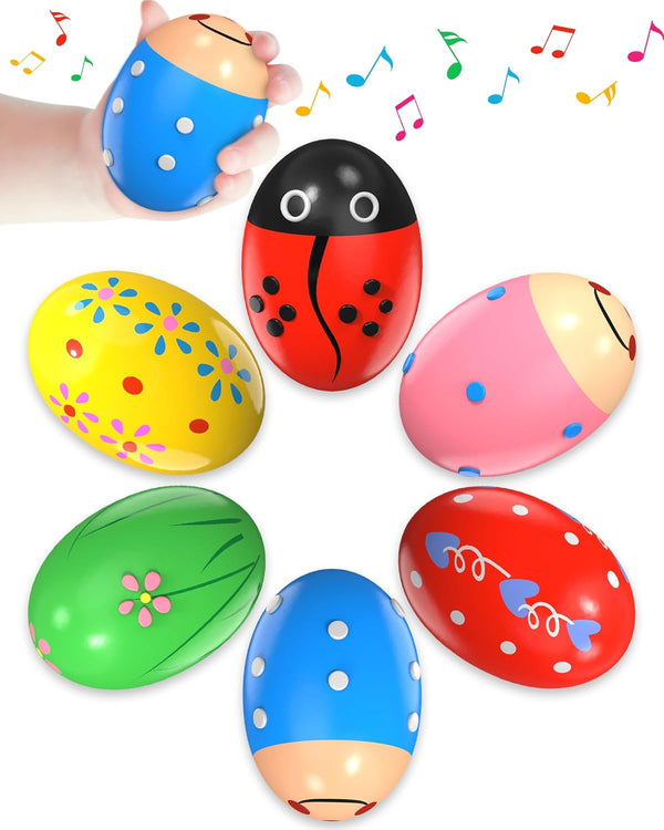 6 Pack Wooden Percussion Musical Shake Eggs with Toys Inside, Montessori Easter Basket Stuffers for Kids Boys Girls