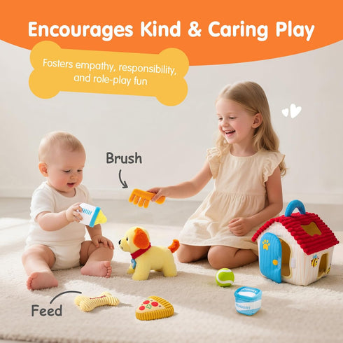 1 Set 1-3, hahaland Montessori Toys for Year Old Plush Puppy Sensory Toy with Dog House, Rattle, Crinkle, Mirror