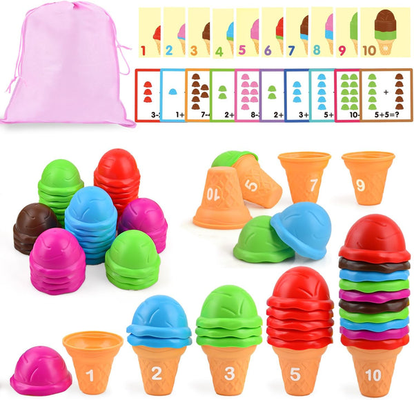 Ice Cream Counting and Color Sorting Stacking Toys for Kids Age 3-5, Montessori Learning Activities
