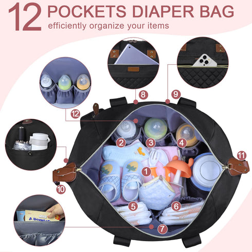 Mommy Pritent Diaper Bag Tote, Diaper Baby Bags with Pacifier Case, Shoulder Straps, Stroller Clips, Waterproof Large