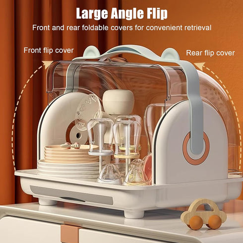 Topjia Kitchen(14.5x11.4in, Portable Baby Bottle Drying Rack with Cover Drain &Handle,Large Capacity Anti-Dust Toddler