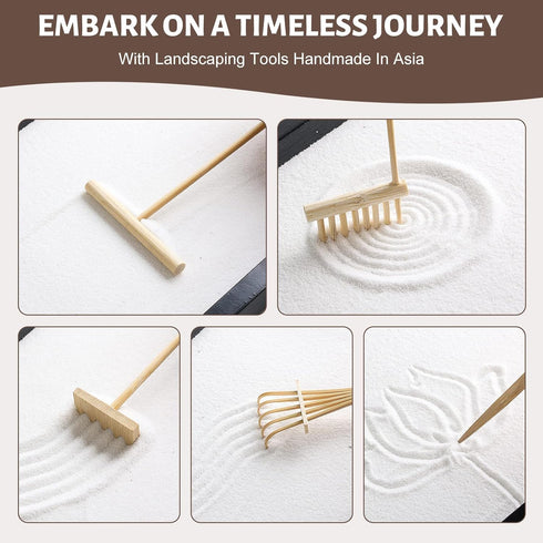 Set Zen Garden Kit for Desk Decor - Premium Beautiful Japanese Mini Sand Box Home, Office with Black Wooden Tray, White