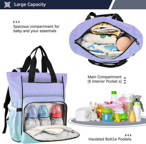 MCHIVER Backpack Mommy Purple Green Gradient Diaper Bag Large Capacity Baby Bags with Insulated Pockets Maternity Bag