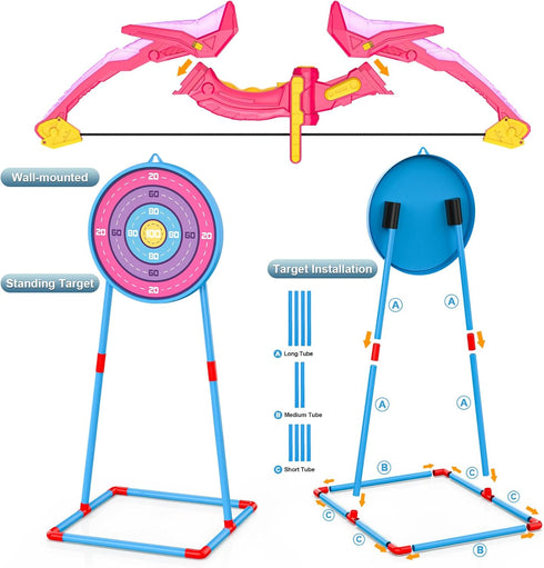 2 Pack Kids Bow and Arrow Set, Pink Light Up Archery Toy Set, Foam Dart Guns & 6 Target Cans for Ages 5-10 Birthday