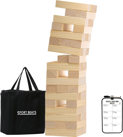 SPORT BEATS Medium Tower Game - Outdoor 54 Blocks Stacking Game with Carry Bag and Scoreboard Included