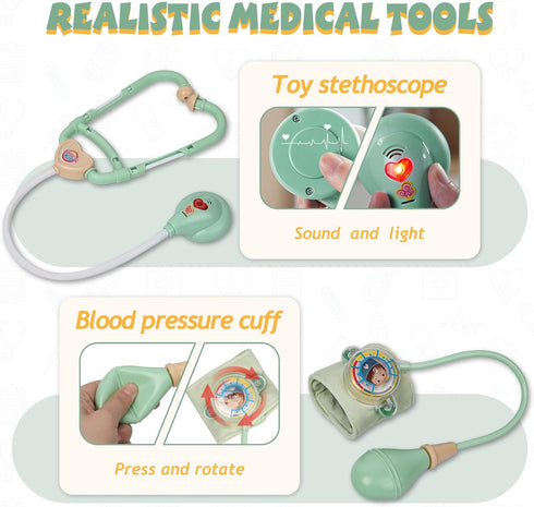 3 4 5 30-Piece Liberry Doctor Kit for Toddlers Years Old, Kid Doctor Toy with Stethoscope, Costume, Green Medical