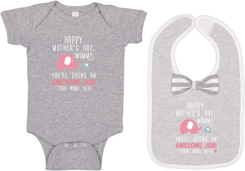 Personalized Gifts Happy Mothers Day Any Name Blue Elephant Baby Bodysuit Bib Bundle