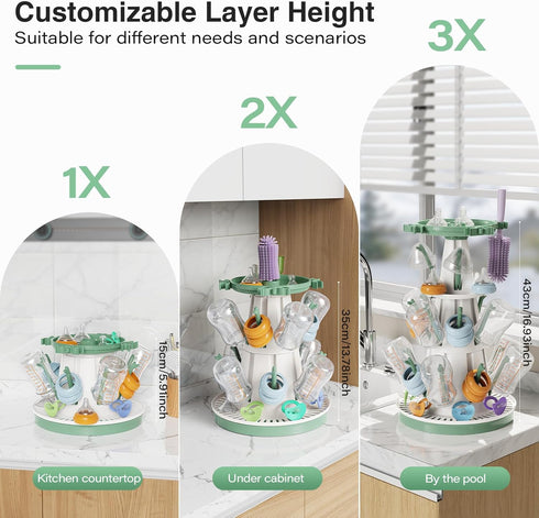 3-Tier TAZENI Baby Bottle Drying Rack with Drain Pipe, Modular Baby Bottle Rack Dryer for Infant Feeding Accessories