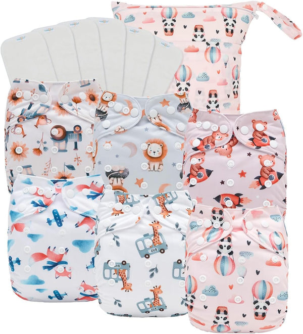 babygoal Reusable Cloth Diapers 6 Pack with 6 Inserts & Wet Bag,