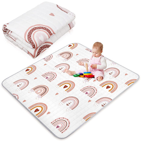 Boho Rainbow Portable Baby Play Mat, 43 x 43 Inch Washable Foldable Crawling Mat, Non Slip Playmat for Babies
