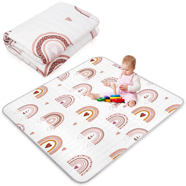 Boho Rainbow Portable Baby Play Mat, 43 x 43 Inch Washable Foldable Crawling Mat, Non Slip Playmat for Babies