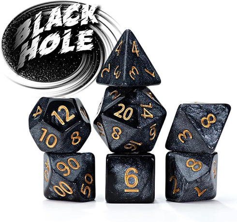 Gate Keeper Games and Dice: Mercurial Dice - 7pc RPG Set, Deep Shimmering Black Resin & Gold Numerals