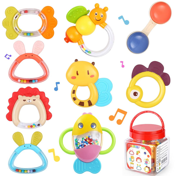 MOONTOY Baby Rattles Teether Set, 9PCS Sensory Toys for 0-12 Month Old Baby Boy Girl, Early Development Gifts