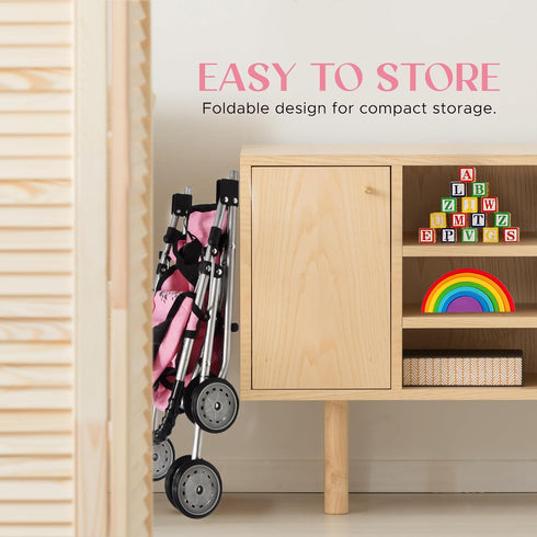 Baby Doll Stroller for Girls, Toddler Play Toy Buggy Carriage Foldable with Canopy Storage Basket Travel Diaper Bag